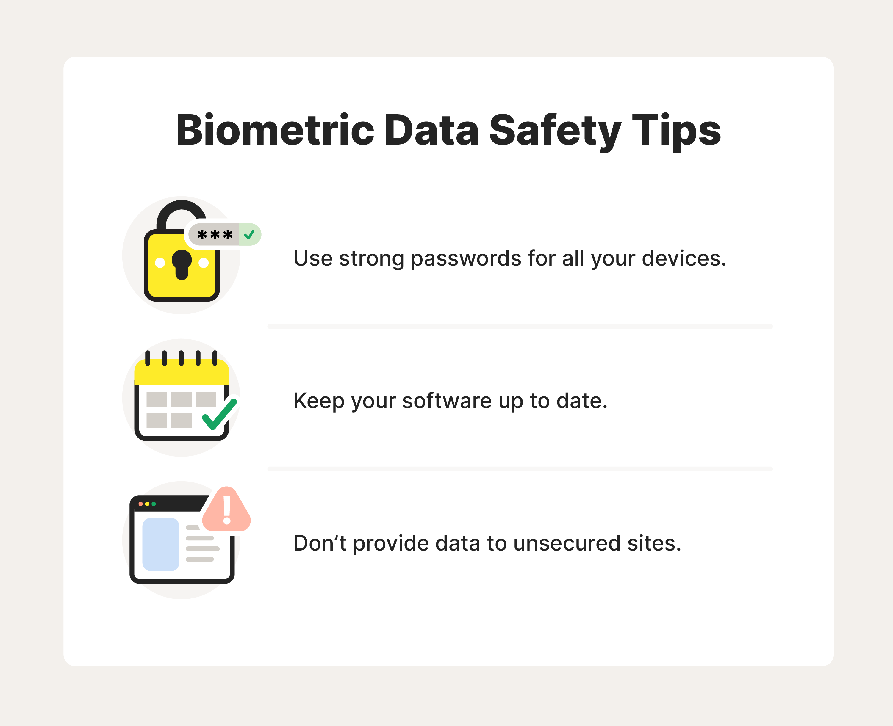 An infographic detailing three biometric safety tips.