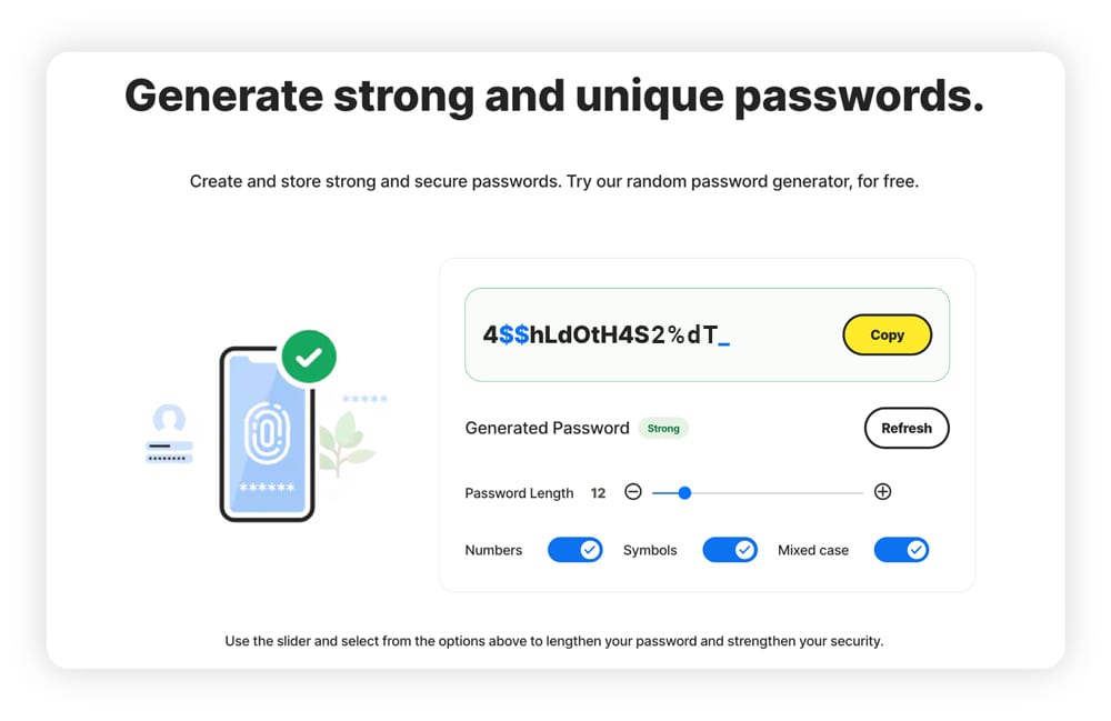 Graphic showing how to generate and store unique passwords with Norton Password Manager.