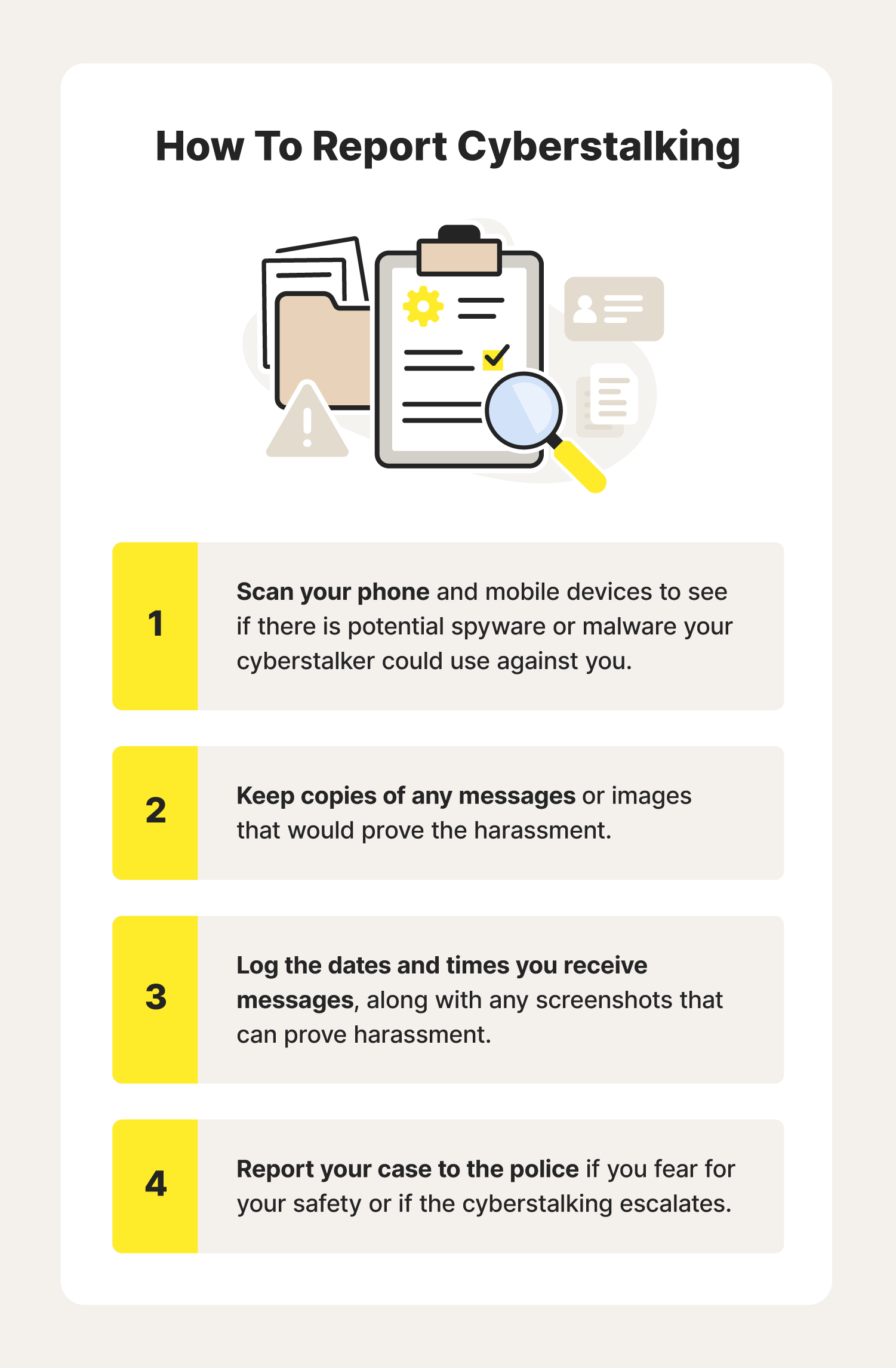An illustration of a checklist represents the four steps of reporting cyberstalking.