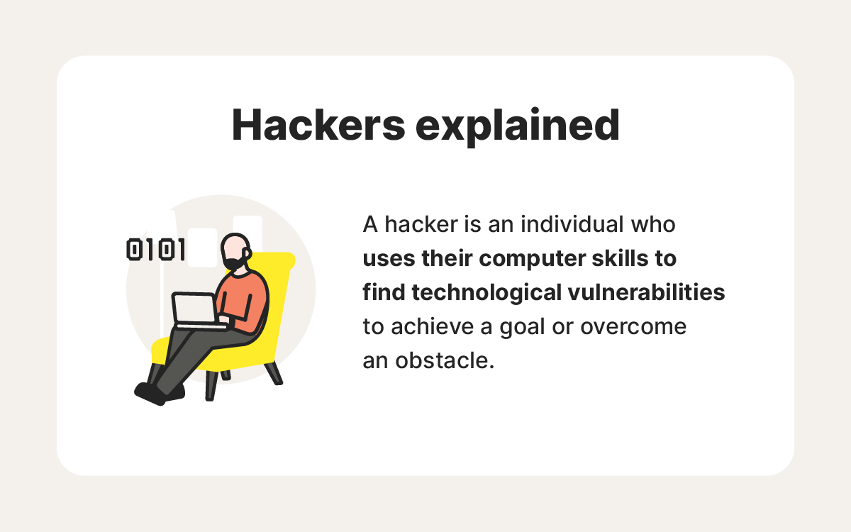 An illustration of a person on a laptop accompanies the definition of a hacker.