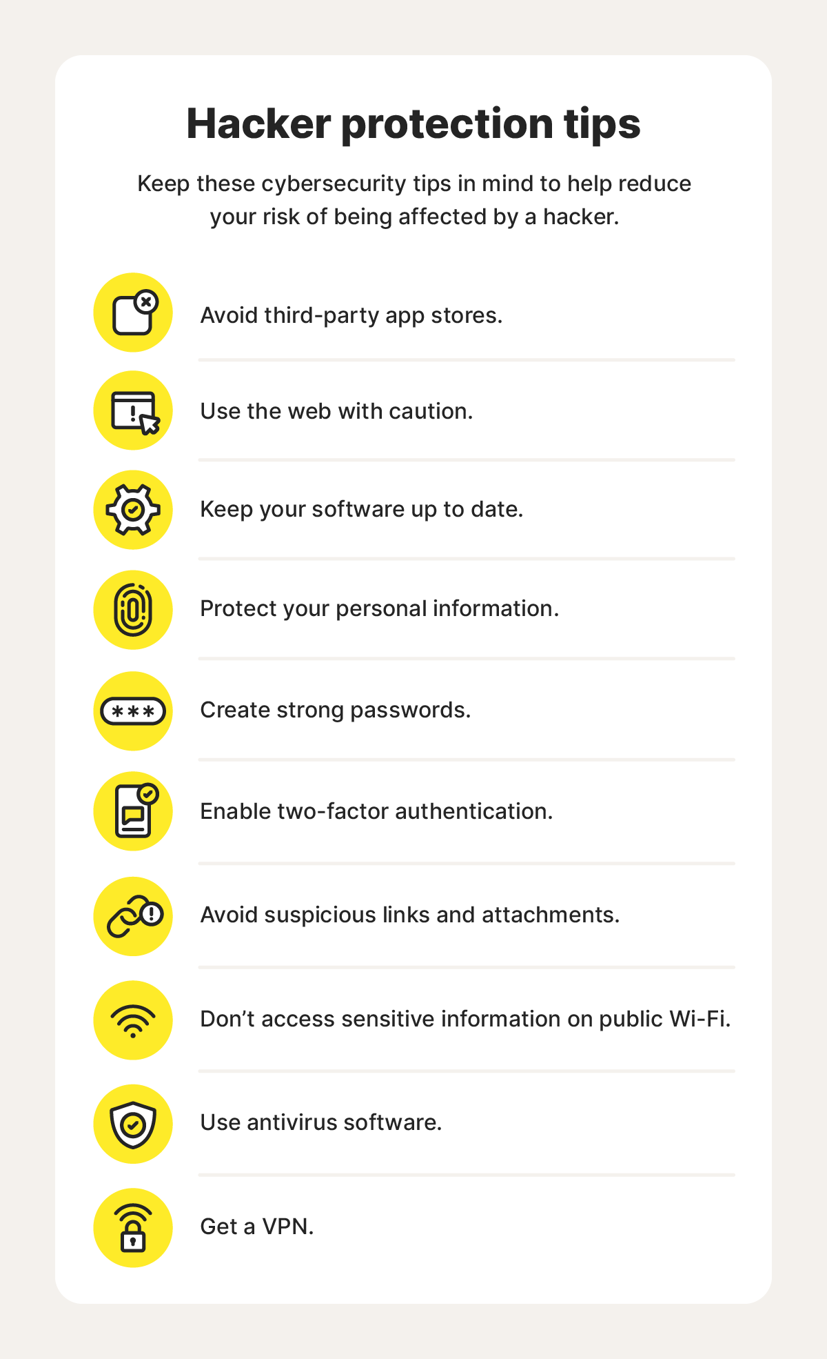 Graphic explaining hacker protection tips.