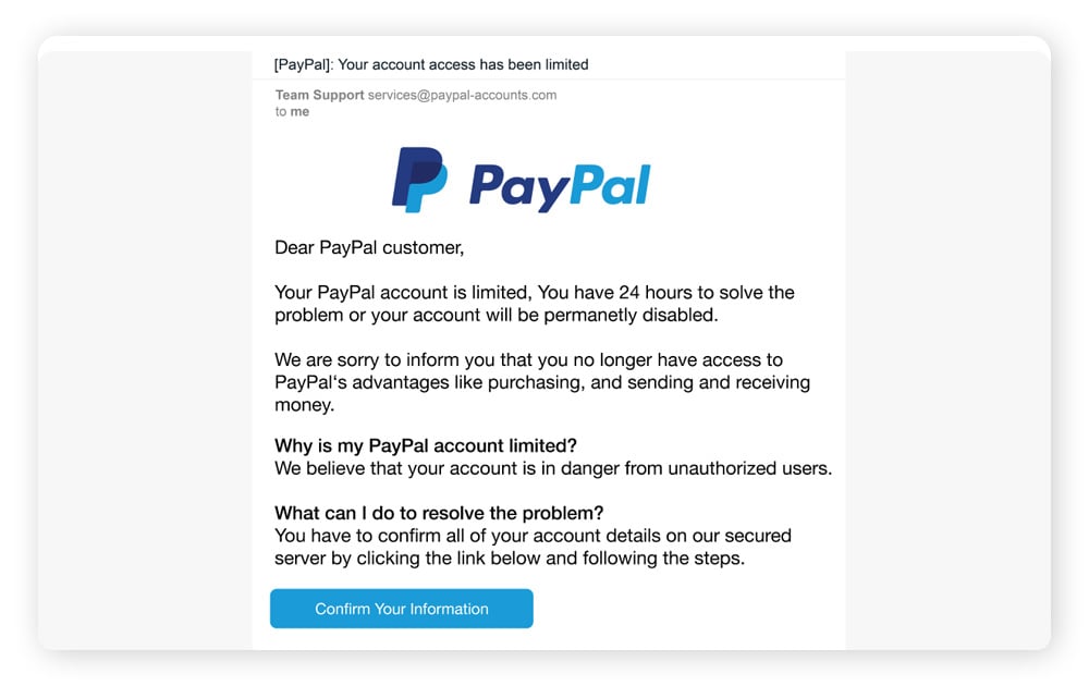 A screenshot of a PayPal phishing email with a malicious link.
