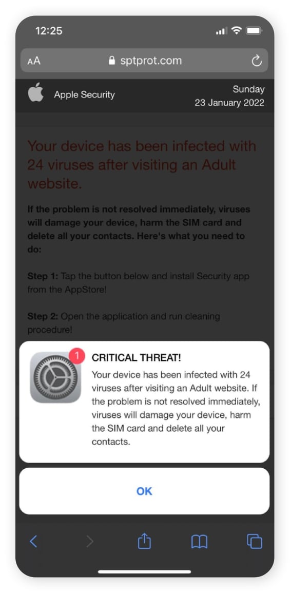 A screenshot of a fake virus alert on an iPhone, the result of a phishing scam.