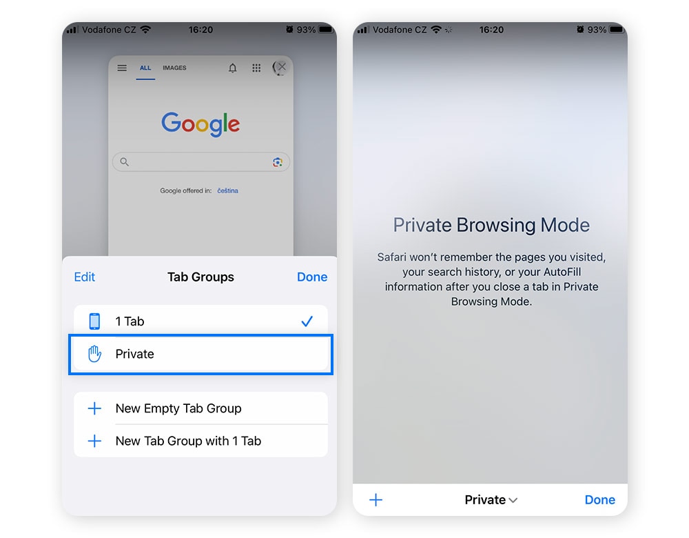 Tap Private to launch Private Browsing mode.
