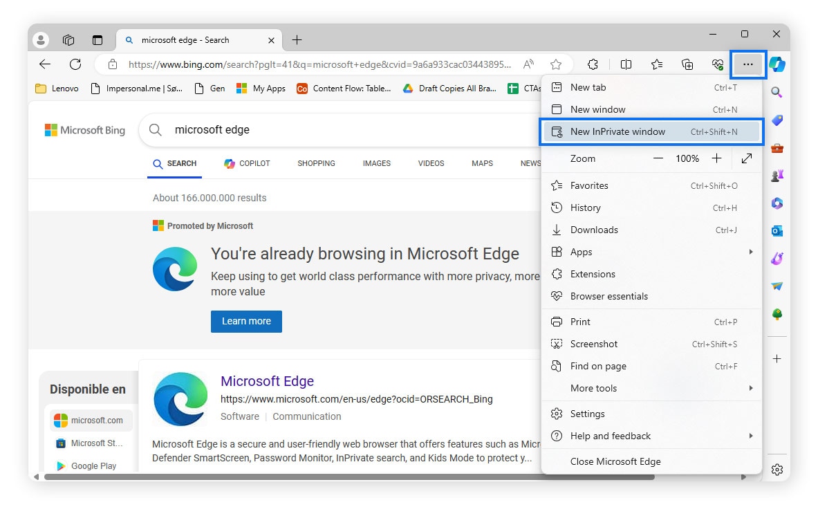  Click New InPrivate window to browse in private mode on Microsoft Edge.