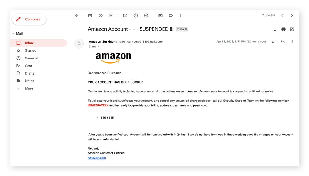 An example email that uses phishing to achieve a social engineering attack.
