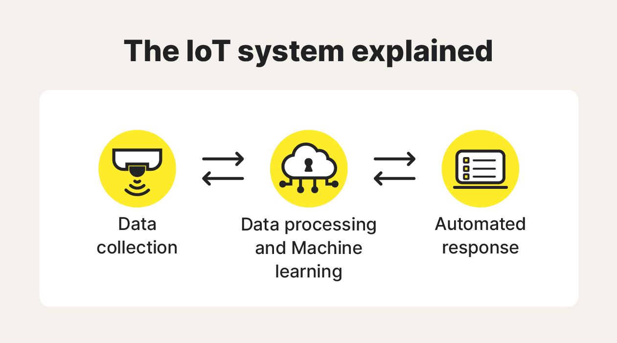 An image overviewing how IoT technologies collect, process, and analyze data.