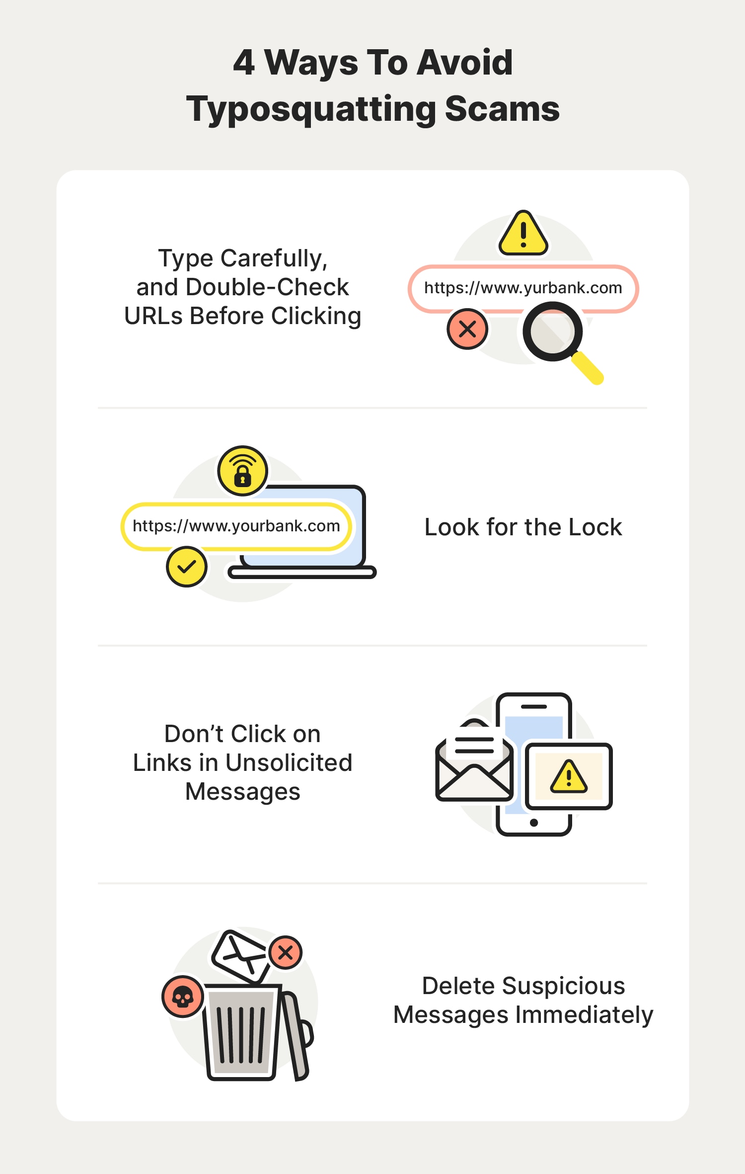 Chart giving four suggestions for how to avoid getting caught in a typosquatting scam.