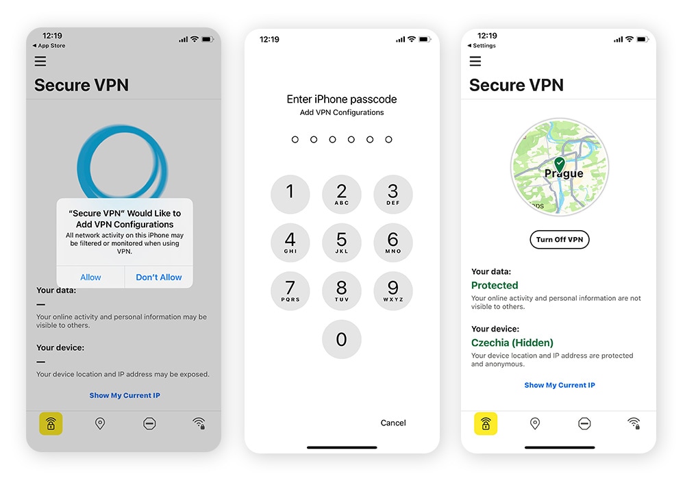 Allowing Norton Secure VPN to configure your iOS VPN settings.