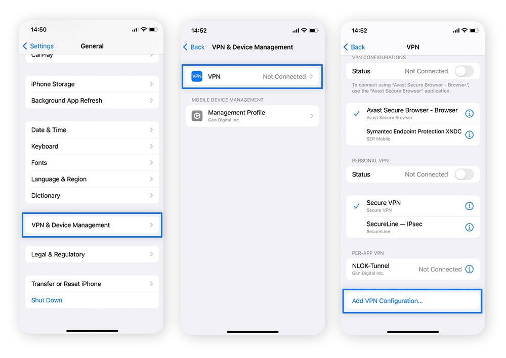 Adding a new VPN configuration manually in iOS device Settings.