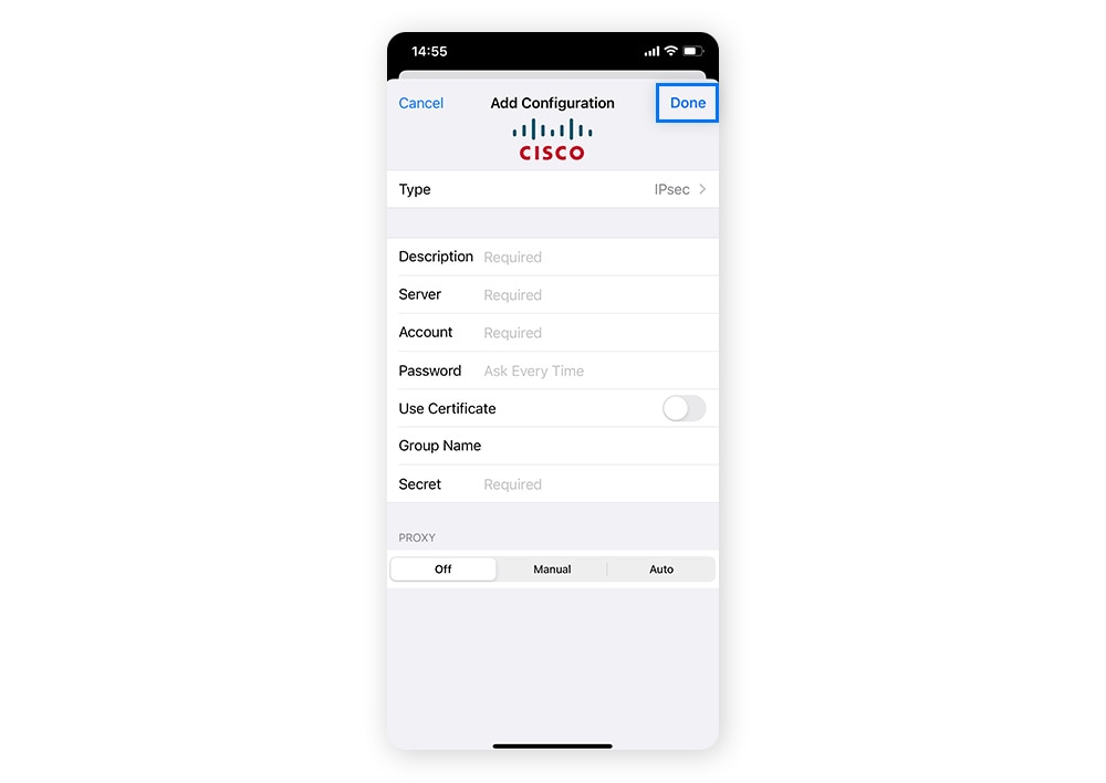 Entering VPN details and credentials to finish manually setting up a VPN connection on iPhone.