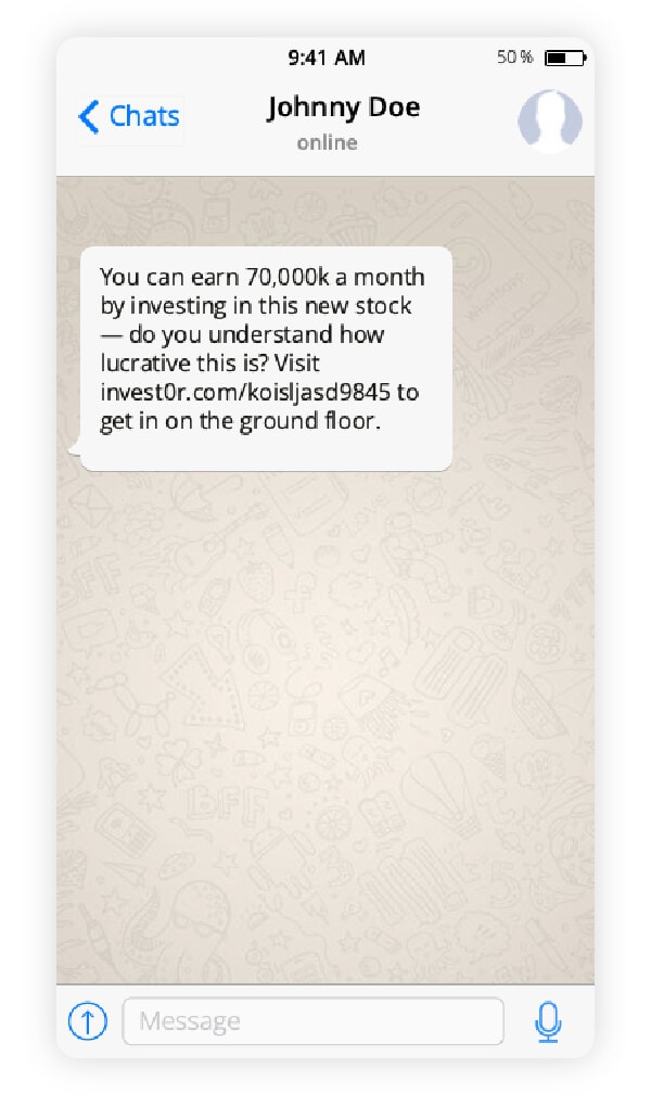 A chat exchange illustrating a WhatsApp investment scam.