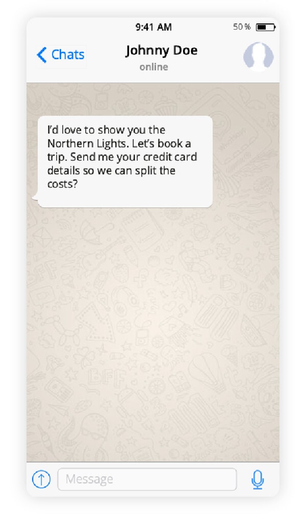 A chat exchange illustrating a WhatsApp dating scam.
