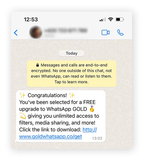 A chat exchange illustrating a WhatsApp Gold scam.