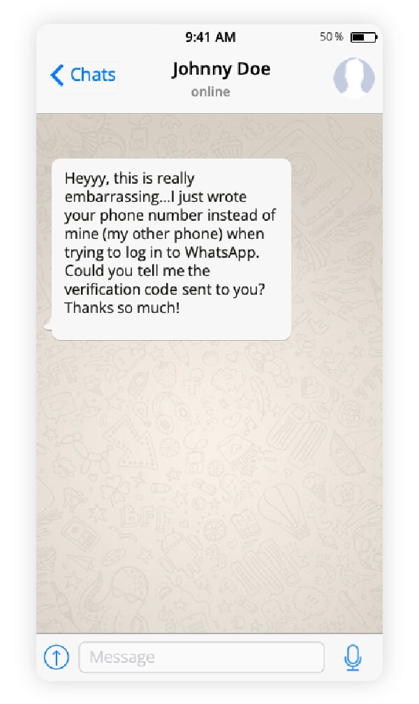 A chat exchange illustrating a WhatsApp verification code scam.