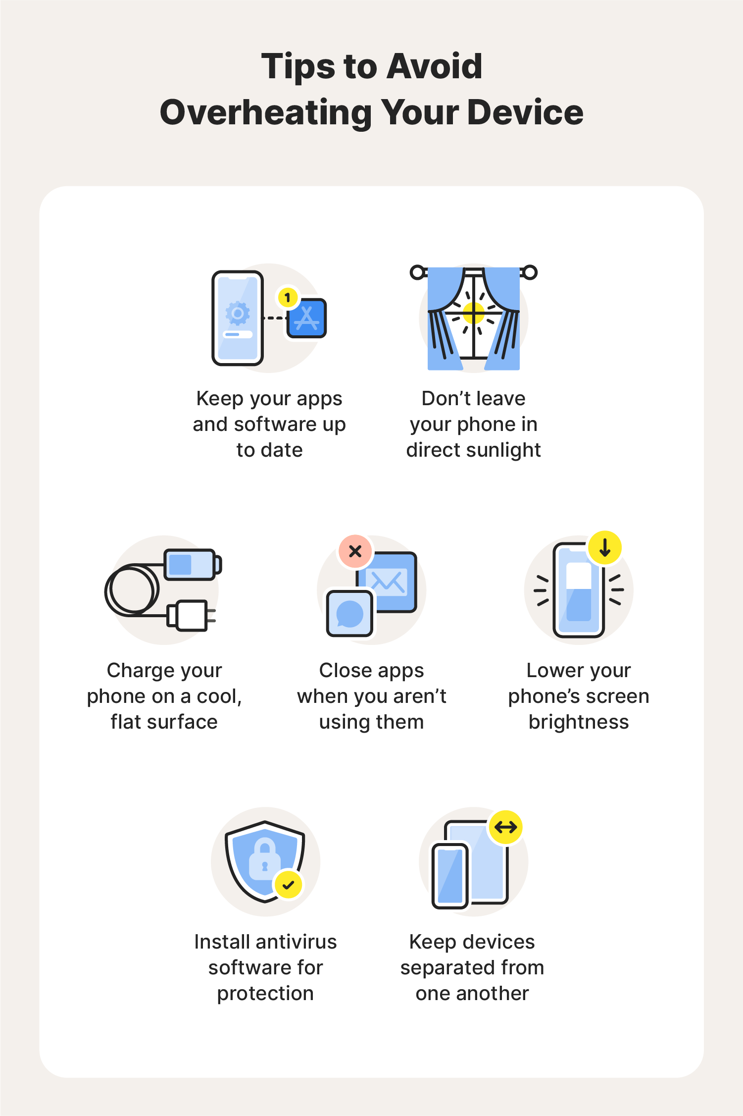 Illustrations showing seven tips to avoid overheating your device.