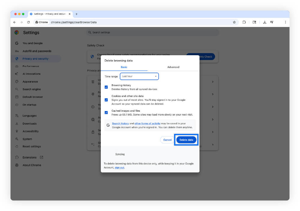 A screenshot of the “Delete browsing data” dialog box in Google Chrome, showing options to clear browsing history, cookies, and cached images.