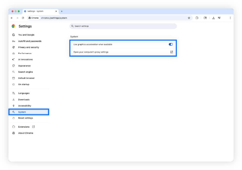 A screenshot of the Google Chrome “System” settings page, highlighting the “Use graphics acceleration when available” option.