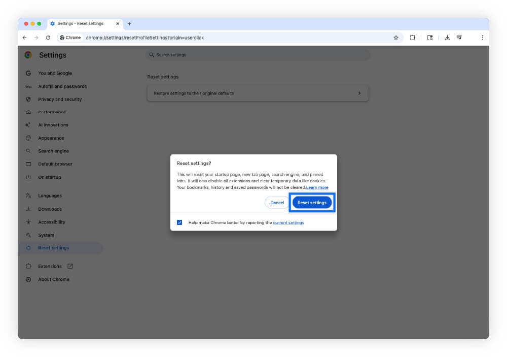 A screenshot of the “Reset settings” confirmation dialog box in Google Chrome, prompting the user before restoring default settings.
