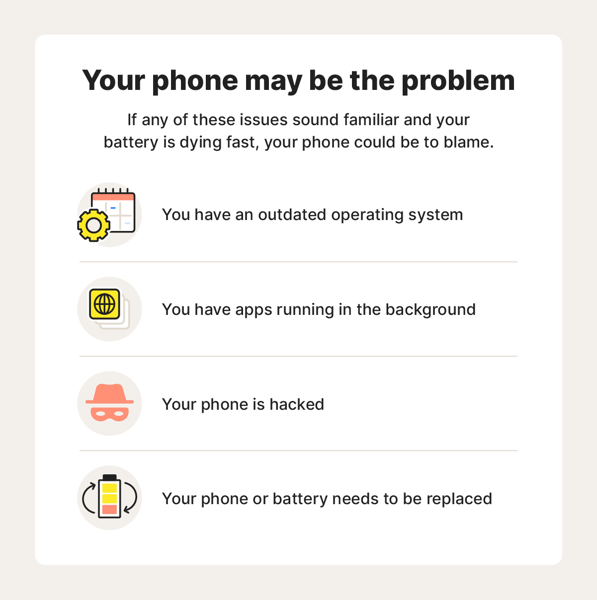 An image overviewing some phone issues that could make your battery drain faster.