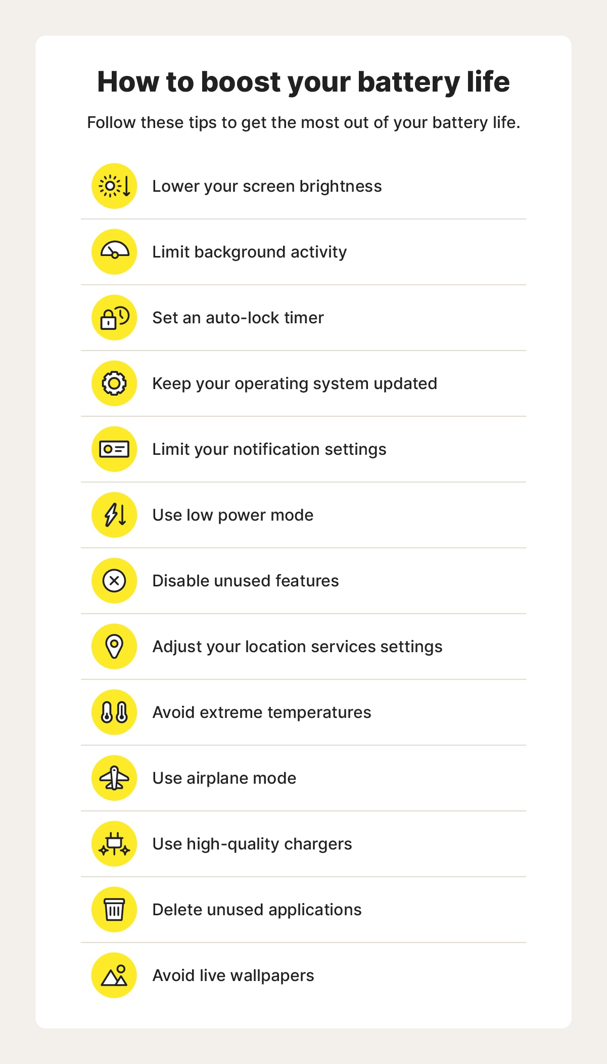 An image listing ways to make your phone battery last longer.