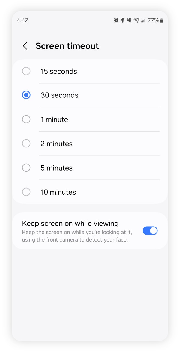 A screenshot of screen timeout settings on an Android phone.