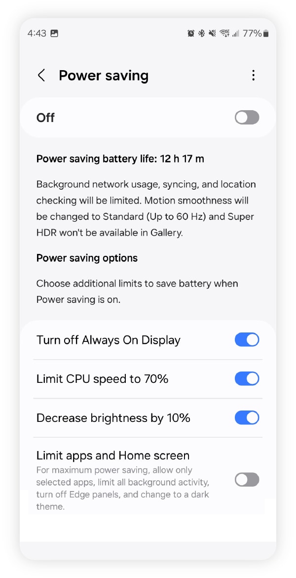 A screenshot of power saving settings on an Android phone.