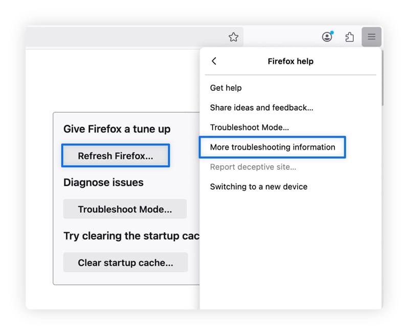 A screenshot of how to reset your Firefox browser settings.