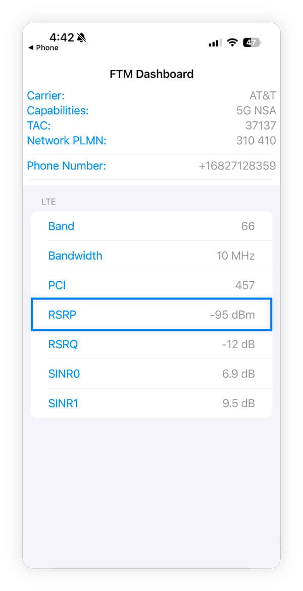 Screenshot showing Field Test Mode on an iPhone.