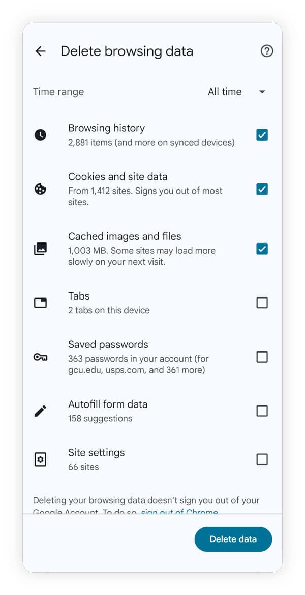 Screenshot showing how to clear browser caches on Android.