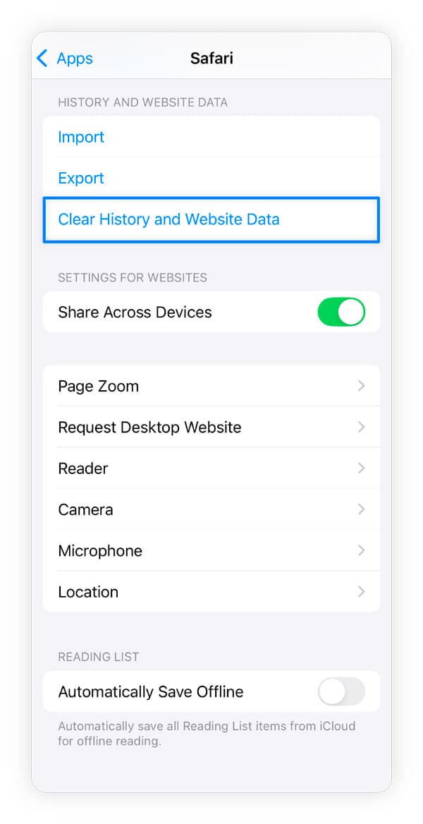 Screenshot showing how to clear browser caches on iPhone.
