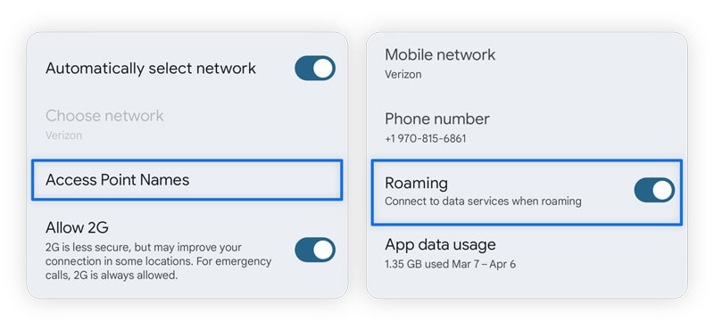 Screenshots showing how to find roaming settings and Access Point Names on Android.