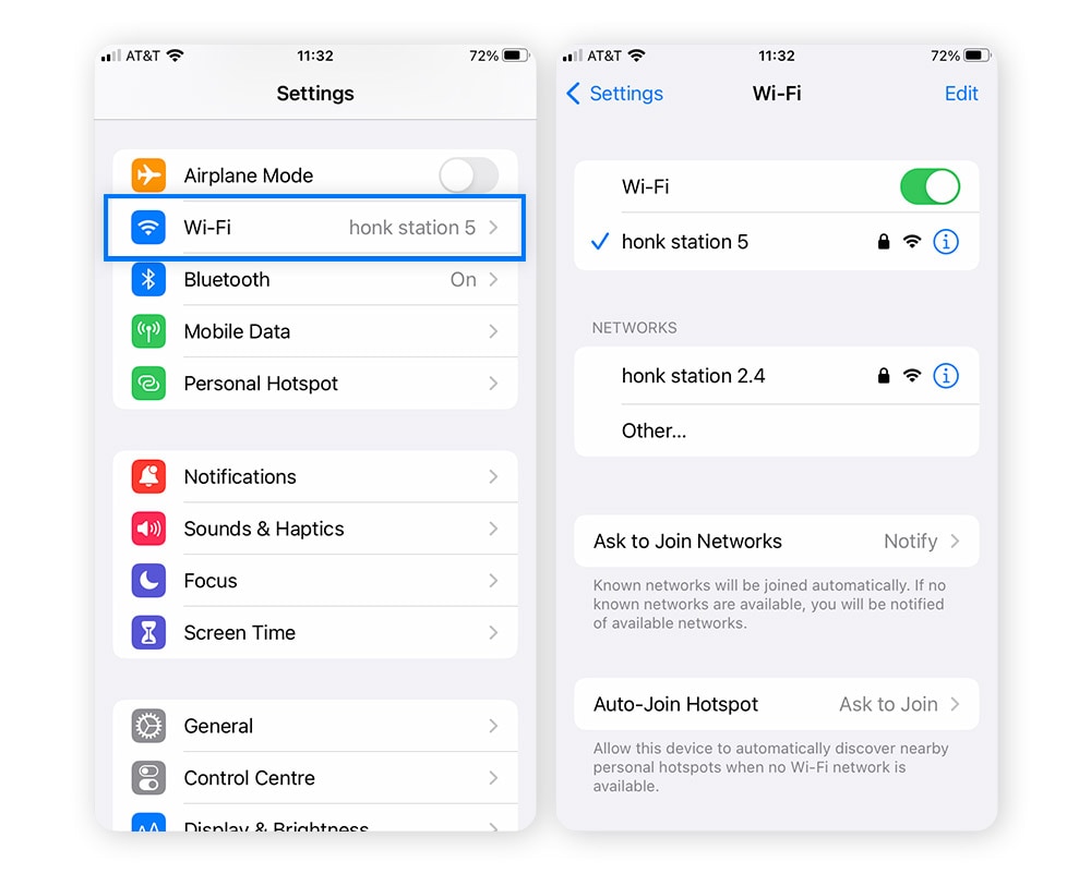 Accessing Wi-Fi Settings in iOS.