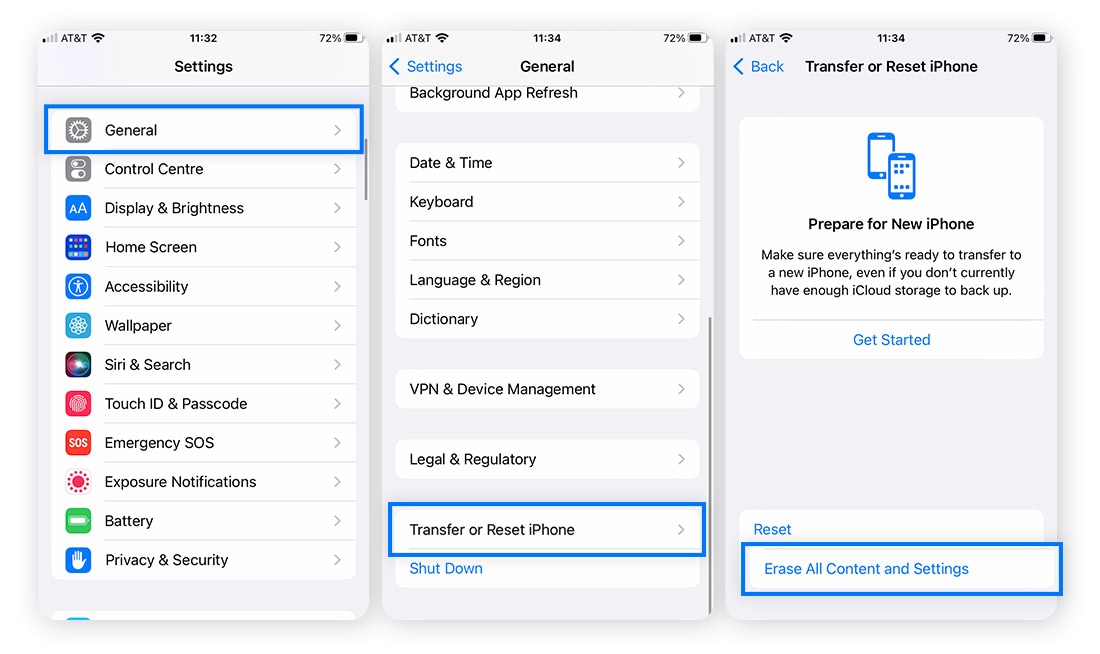 Navigating to Network Reset Settings in iOS.