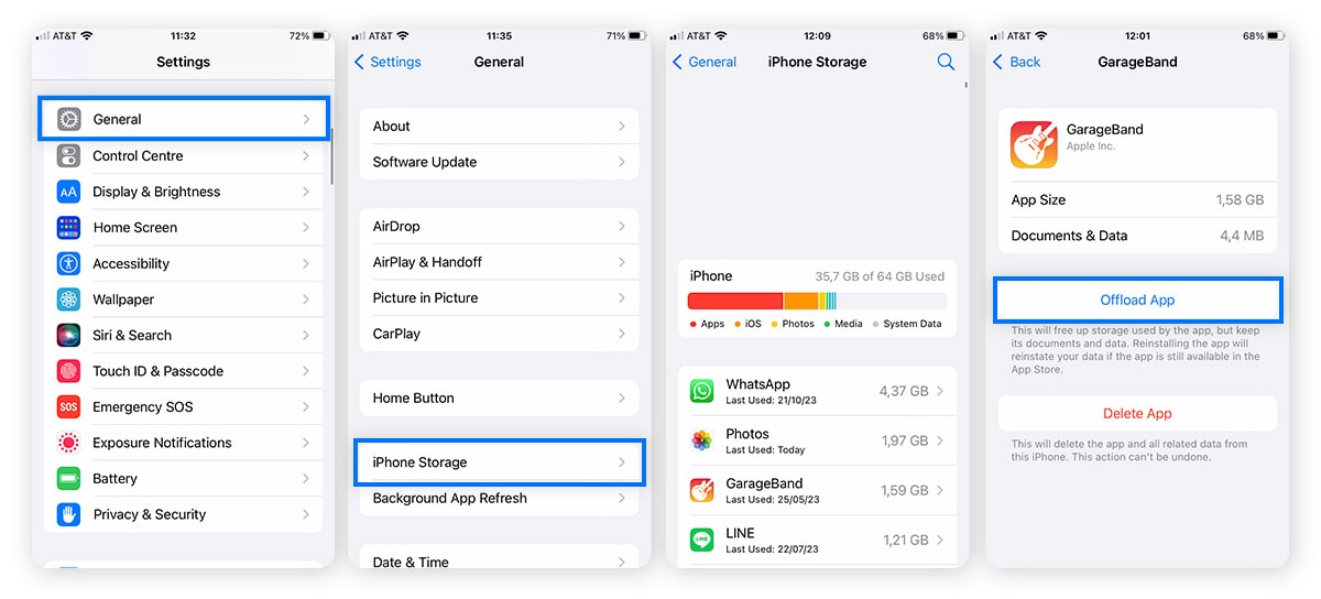 The process for offloading an app on iOS to free up storage space but retain user data.