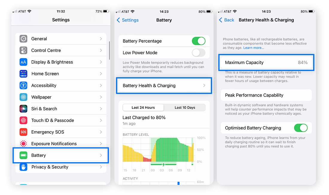 Checking battery health via the Settings app in iOS.