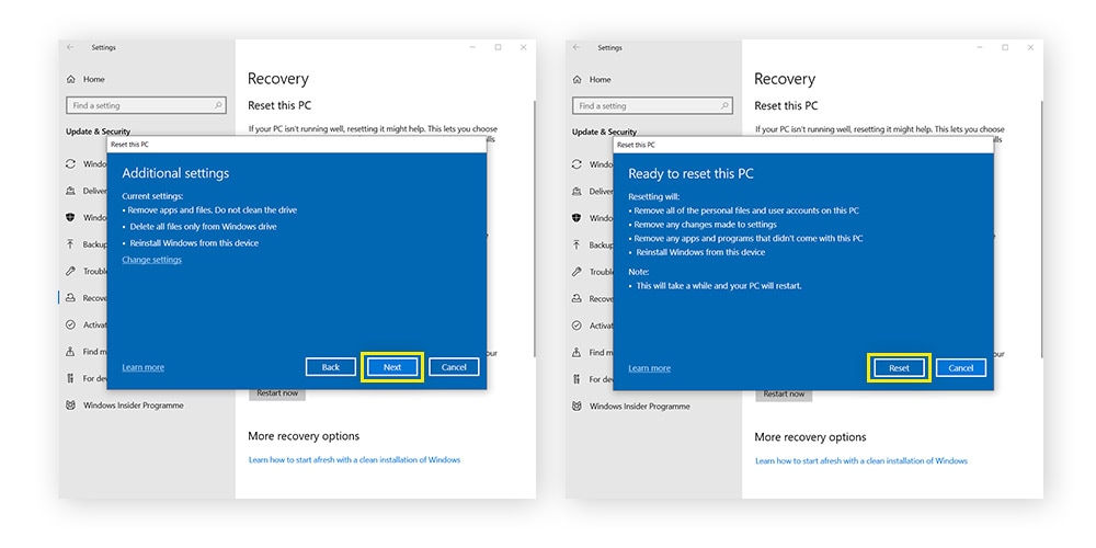 Confirming reset preferences to permanently erase your hard drive in Windows 10.