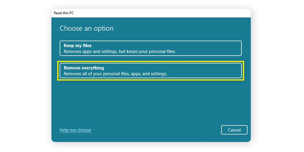 Deleting all hard disk data by selecting the "Remove everything" reset option in Windows 11.