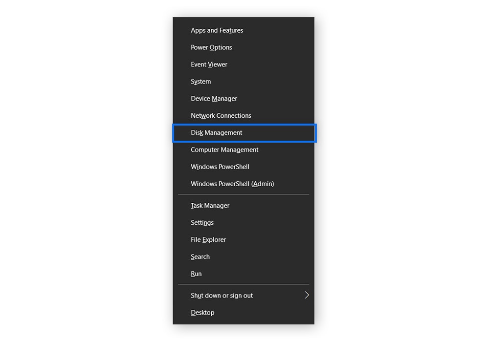 Accessing the Disk Management menu via the Windows key + X desktop shortcut.