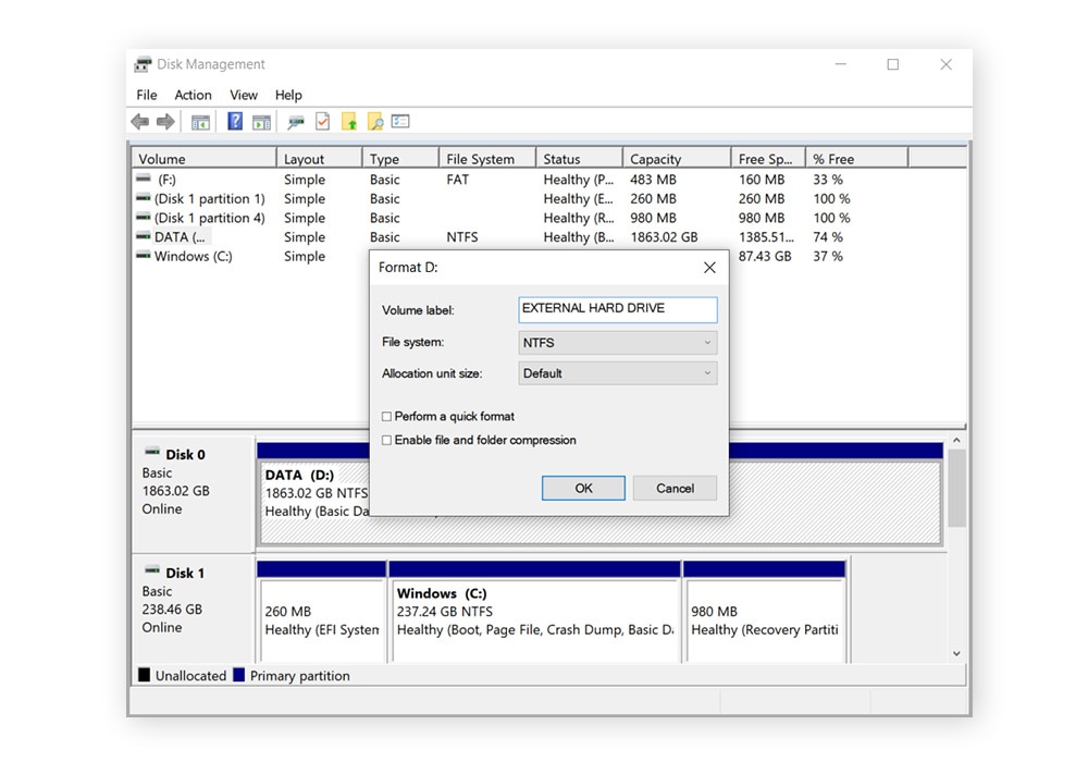 Completely wiping a hard drive by performing a full format using Windows Disk Management.