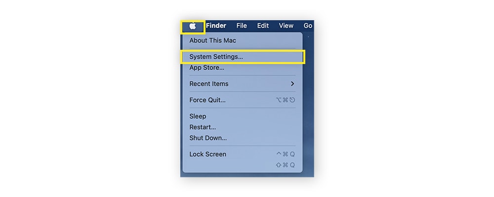  Clicking the Apple menu to access System Settings on a Mac.