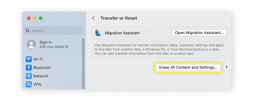 Clicking Erase All Content and Settings to wipe a Mac with a silicone chip processor. 