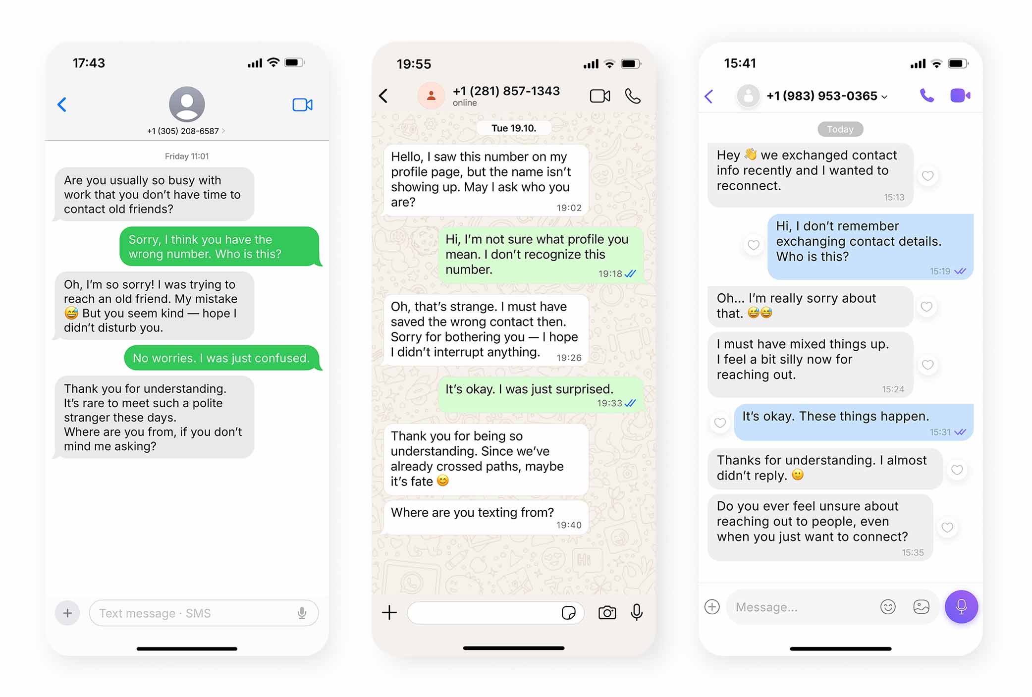 A collection of real wrong number text scam examples on multiple messaging platforms.