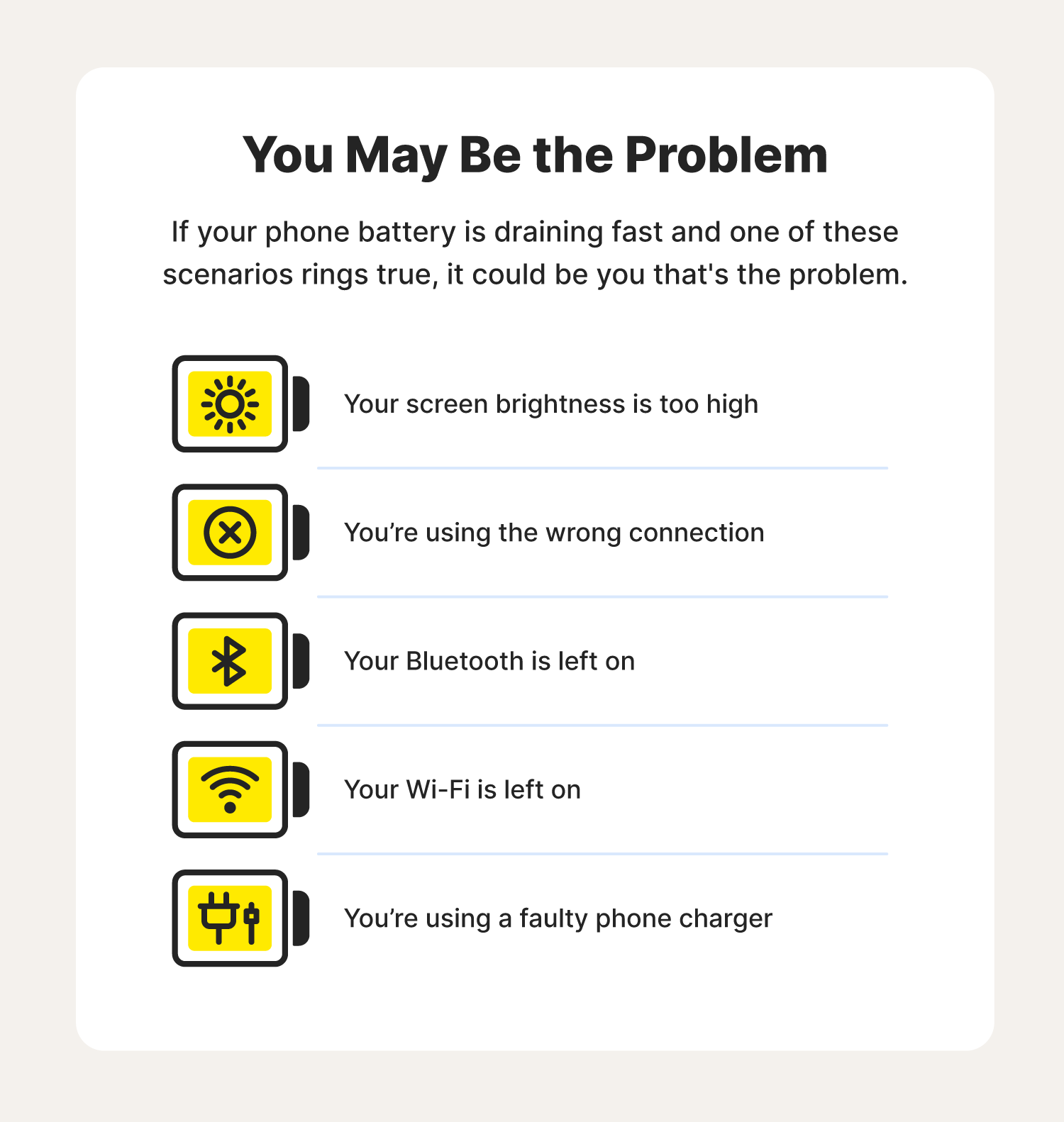 A graphic lists reasons you may be causing your battery life to dwindle, answering the question, “Why is my battery draining so fast?”