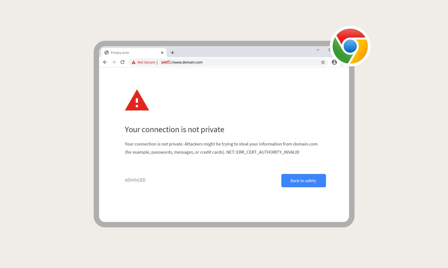 A screenshot of a “your connection is not private” error message on Google Chrome.