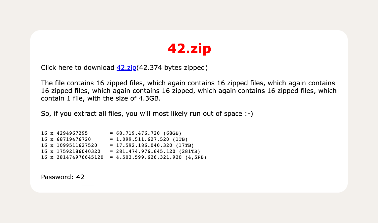 A large and well-known zip bomb example—42.zip.