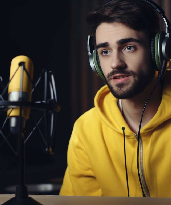 AI-generated image of a man wearing a yellow sweatshirt in front of a microphone asking what are deepfakes?
