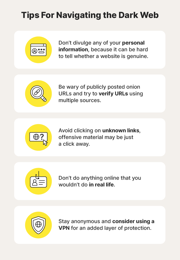 A graphic shares tips for navigating the dark web.